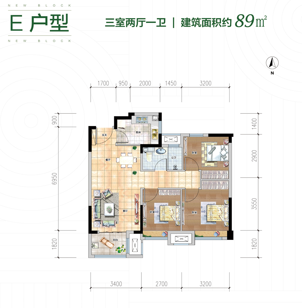 建面約89㎡三室兩廳一衛(wèi)